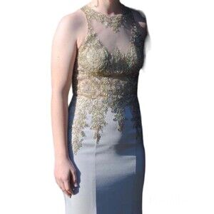 Prom Formal Dress with Gold Lace Bodice Trumpet Silhouette Grey Size 0